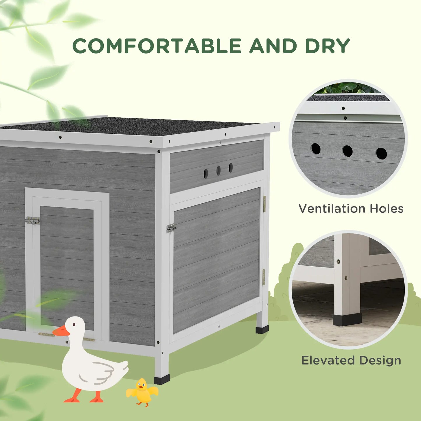 PawHut Wooden Duck House for 2-4 Ducks with Ramp & Openable Roof, Grey and White