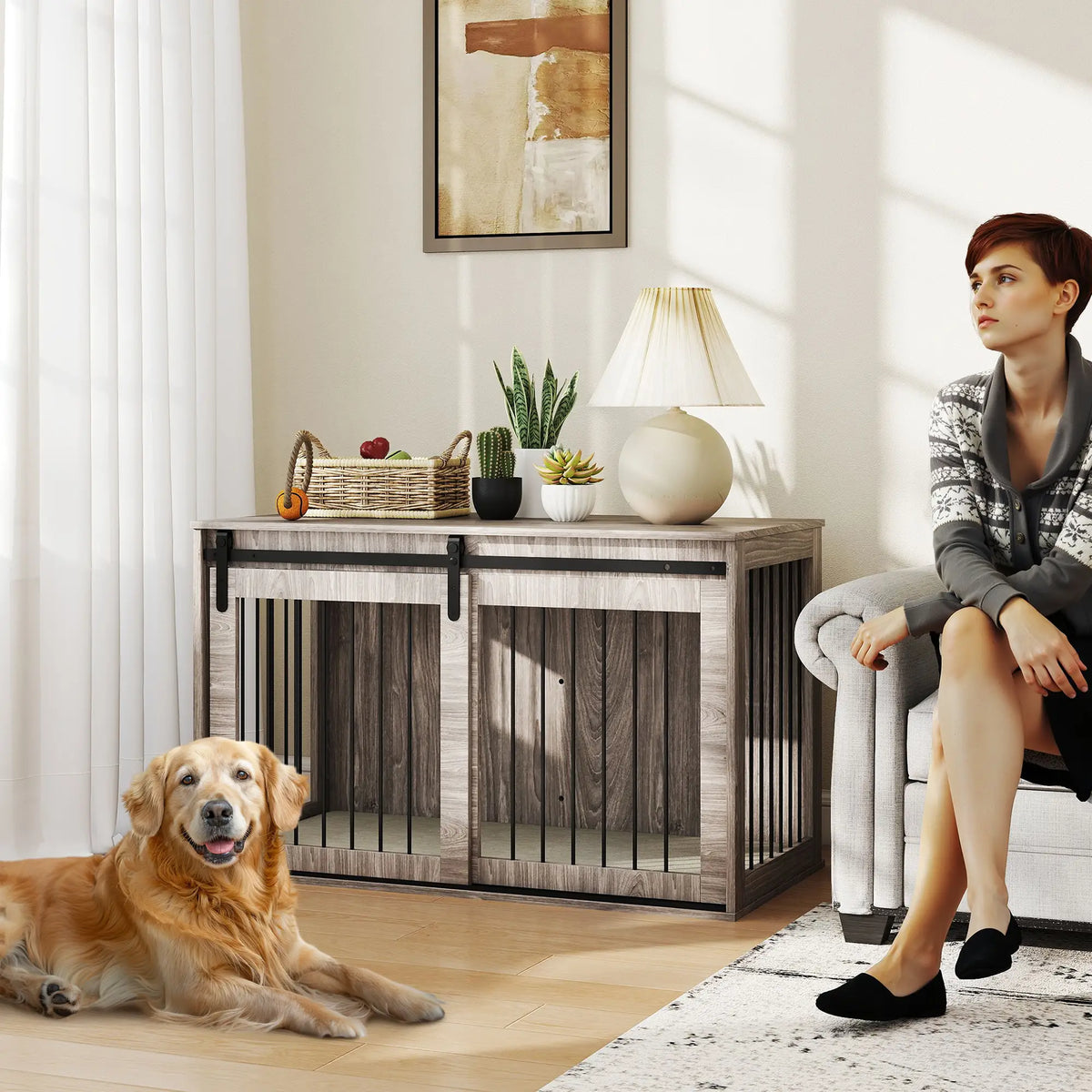 PawHut XL Dog Crate Furniture with Removable Cushion – Walnut Brown