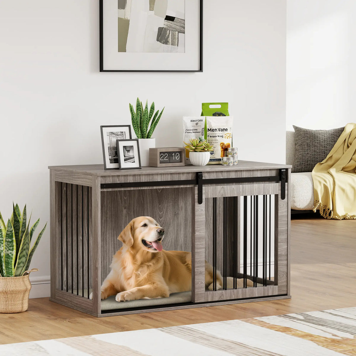 PawHut XL Dog Crate Furniture with Removable Cushion – Walnut Brown