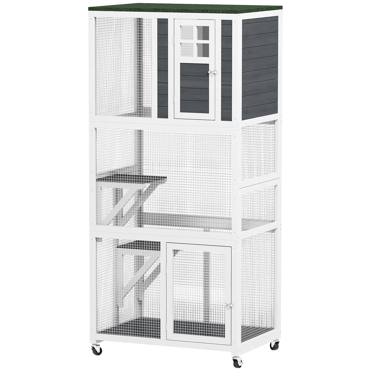 PawHut Wooden Catio Cat Outdoor Enclosure with Waterproof Roof - White