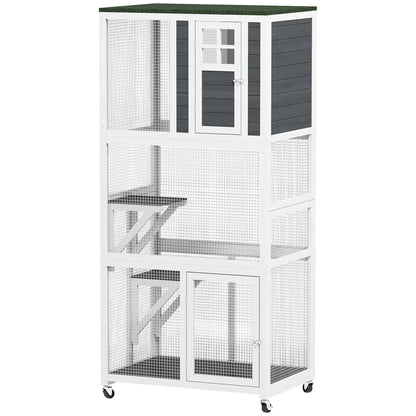 PawHut Wooden Catio Cat Outdoor Enclosure with Waterproof Roof - White