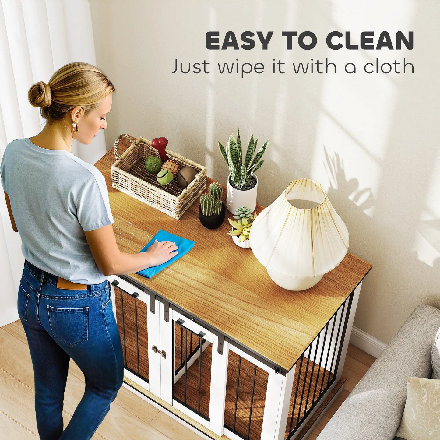 PawHut Dog Crate Furniture for Large Dogs & Small Dogs with Divider – White & Golden Oak