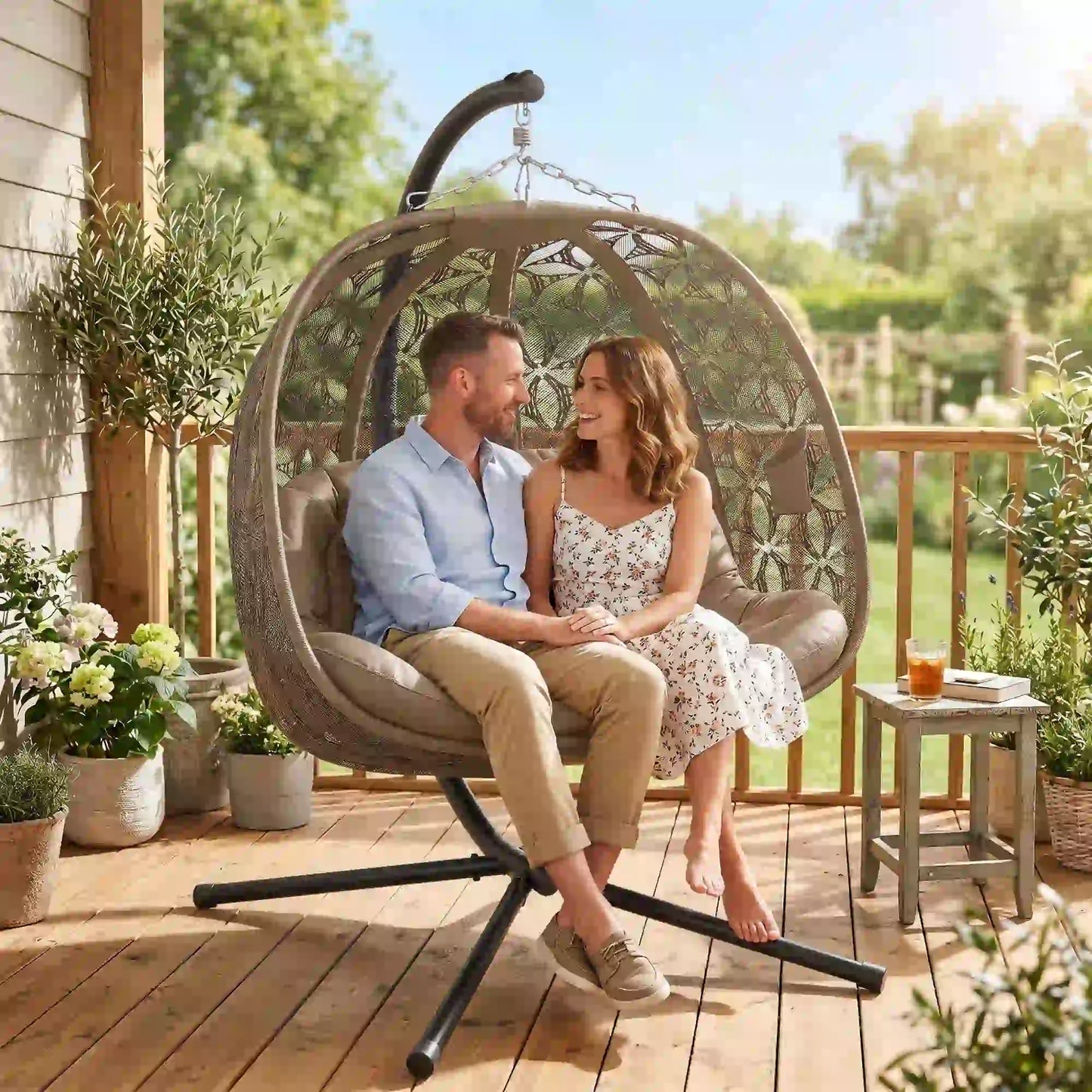 Outsunny Outdoor Double Hanging Chair with Cushion and Cup Holders, Sand Brown