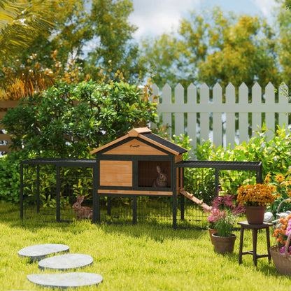 PawHut Outdoor Wooden Rabbit Hutch with Steel Run, Ramp &amp; Removable Tray