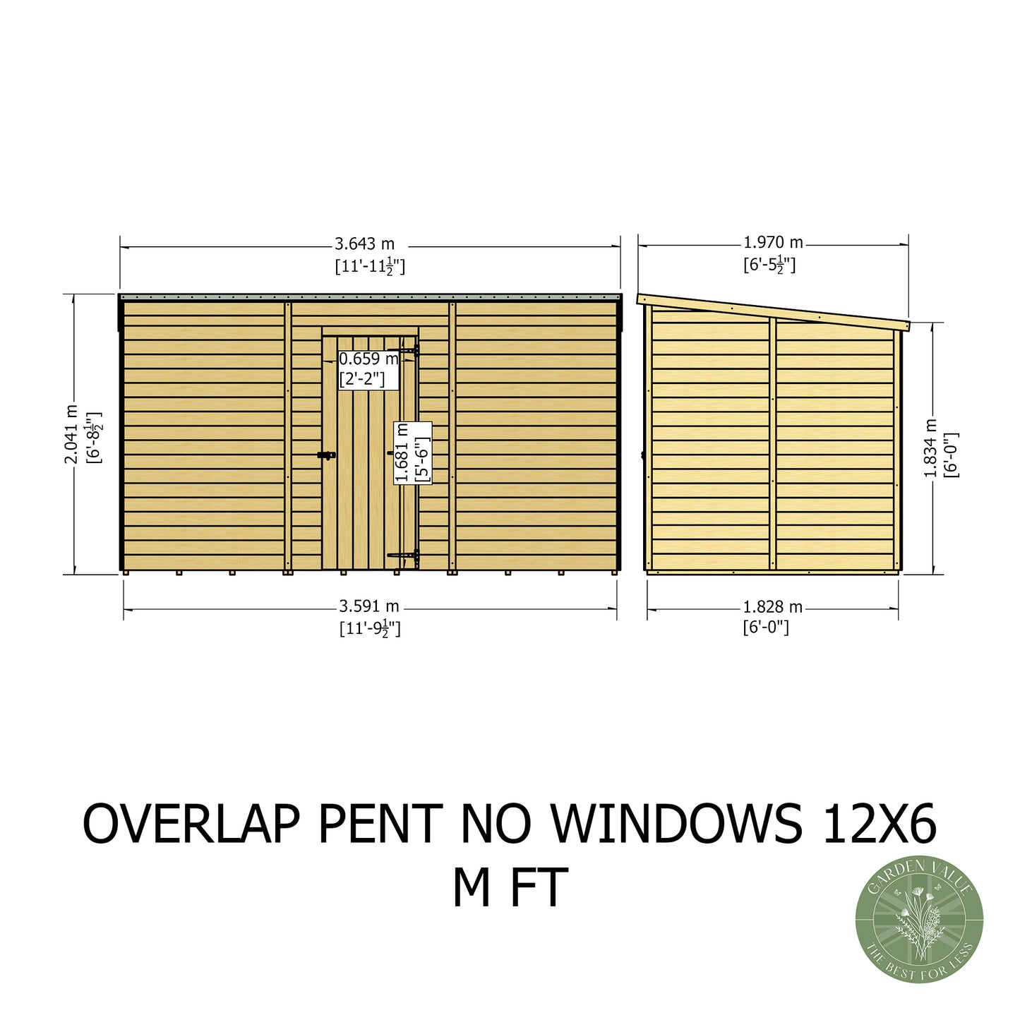 Shire 12x6 Overlap Single Door Pent Shed No windows OVPN1206DOL-1AA