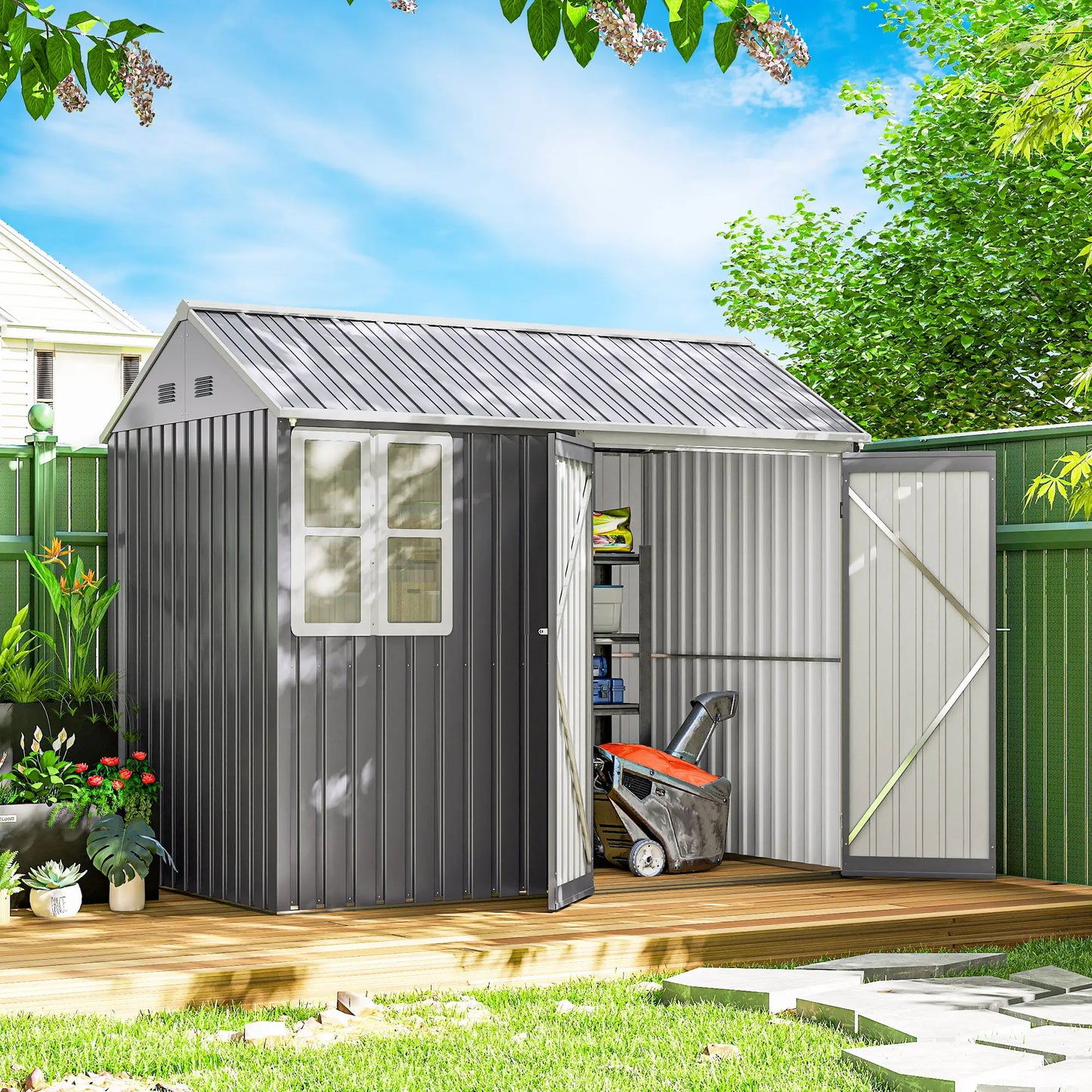 Outsunny 8 x 6ft Metal Garden Shed with Window, Air Vents & Double Doors, Grey