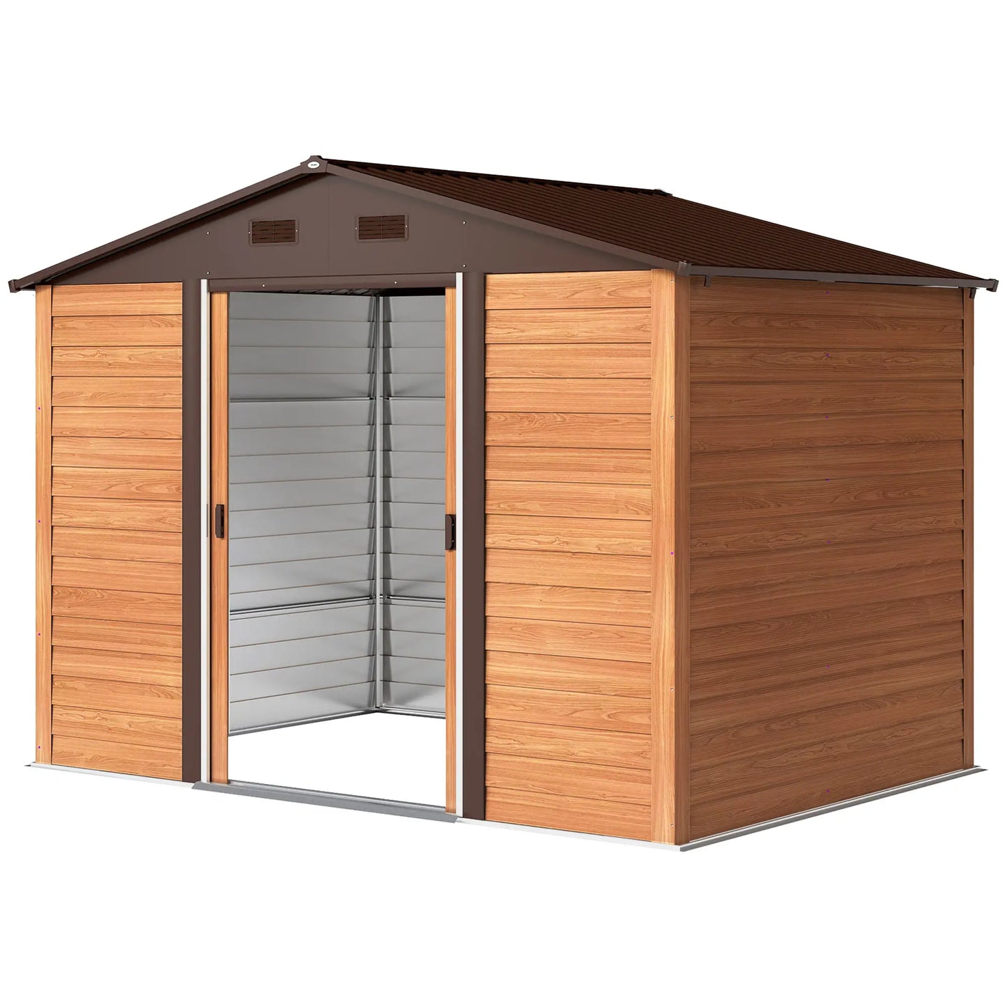 Outsunny 9 x 6ft Metal Garden Shed Brown Wood Effect with Sliding Doors & Vents, Brown Wood Effect