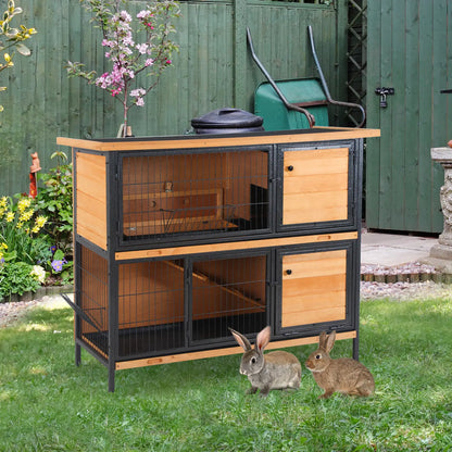 PawHut Outdoor Rabbit Hutch with Openable Roof, Feeding Troughs & No-Leak Tray – Light Yellow