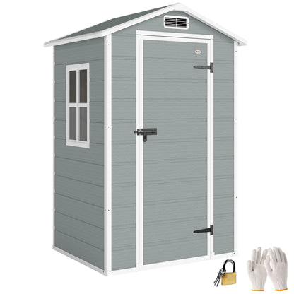 Outsunny 4 x 3ft Plastic Garden Shed with Floor, Lockable Door, Window & Vent – Light Grey