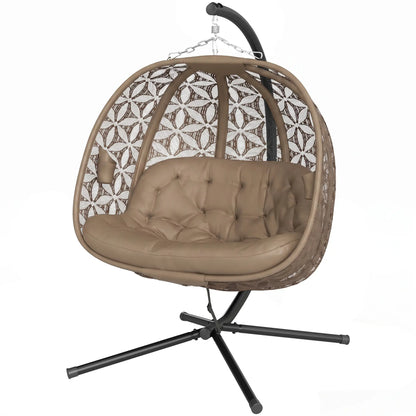 Outsunny Outdoor Double Hanging Chair with Cushion and Cup Holders, Sand Brown