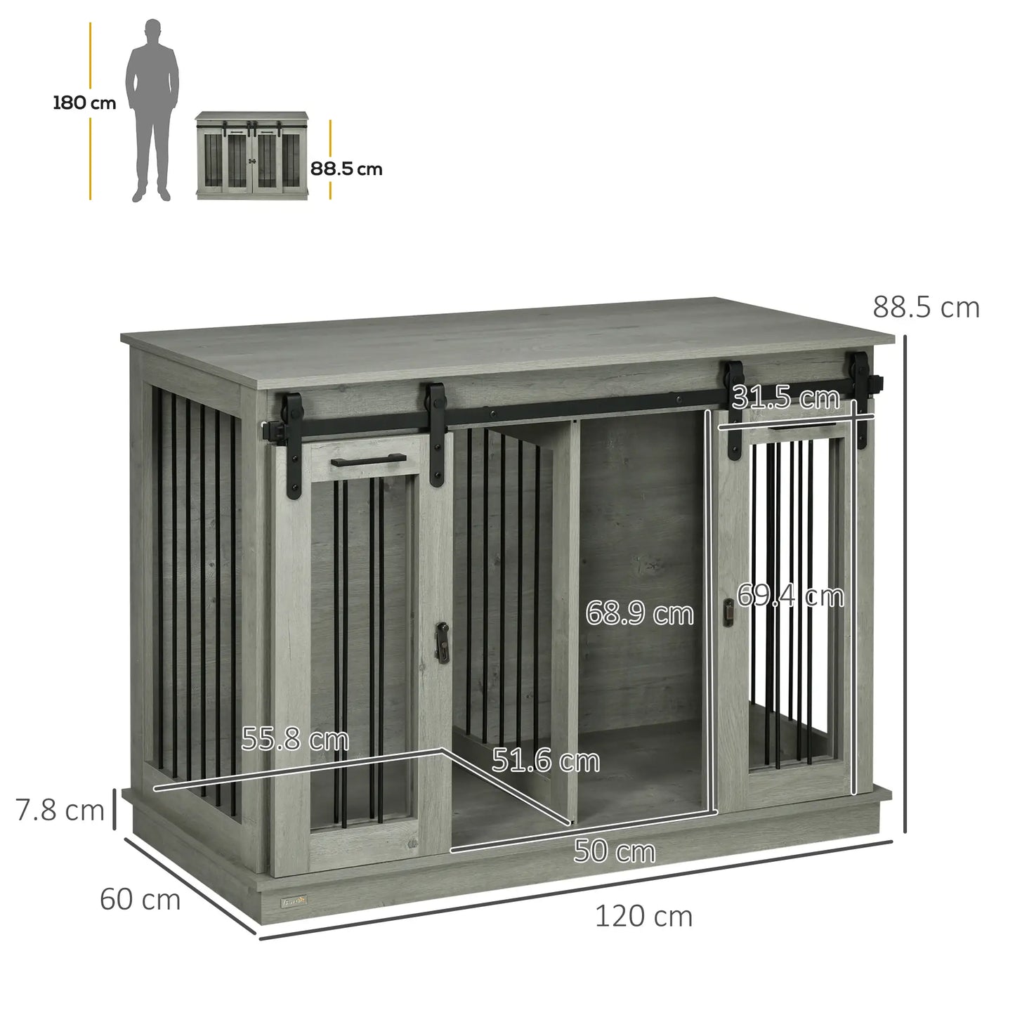 PawHut Dog Crate Furniture for Large Dogs & Small Dogs with Divider – Grey