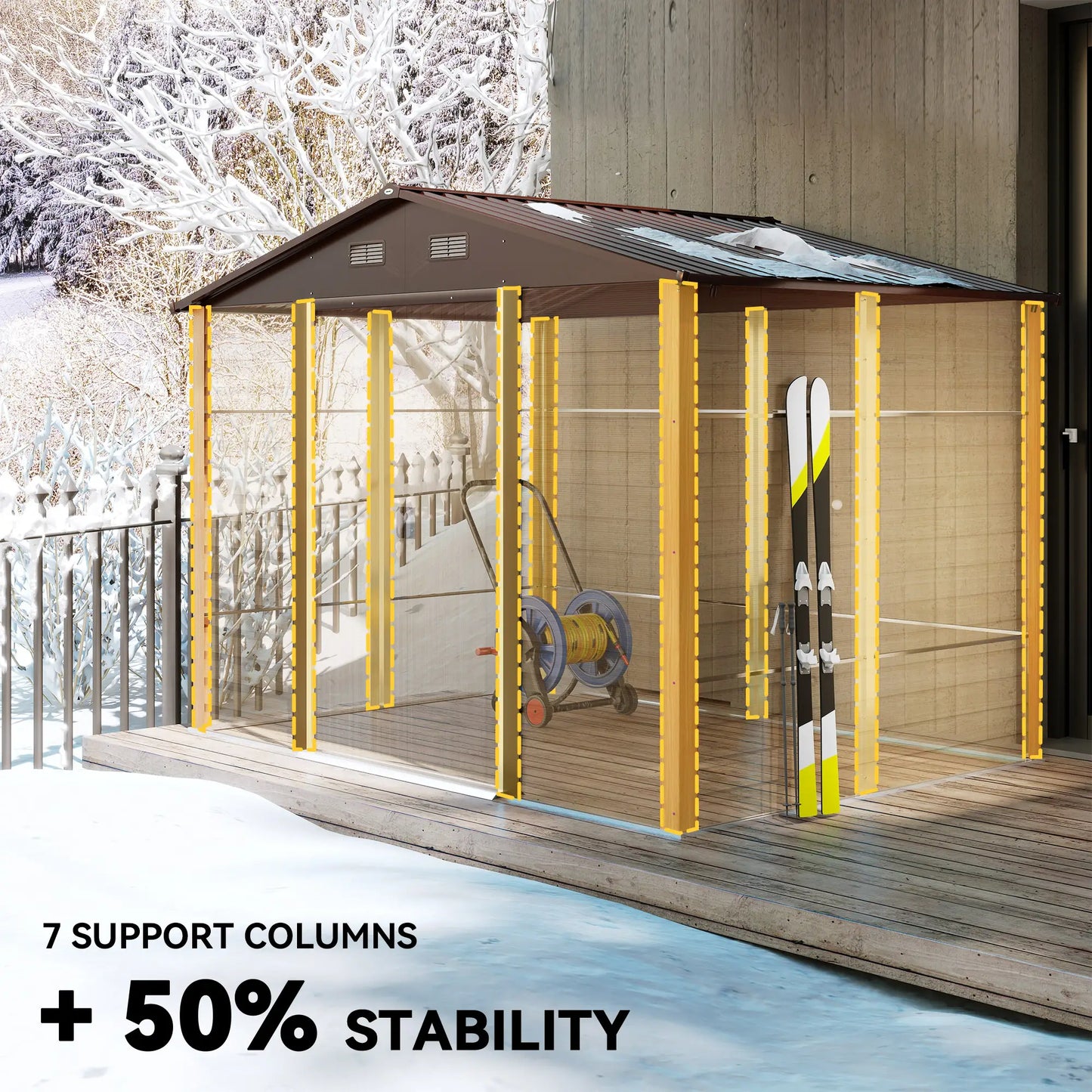 Outsunny 9 x 6ft Metal Garden Shed Brown Wood Effect with Sliding Doors & Vents, Brown Wood Effect