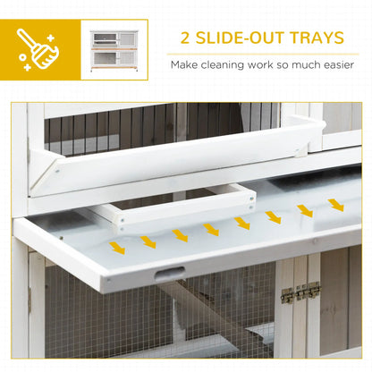 PawHut Two-Tier Wooden Rabbit Hutch with Rain Cover, Wheels & Feeding Trough – White