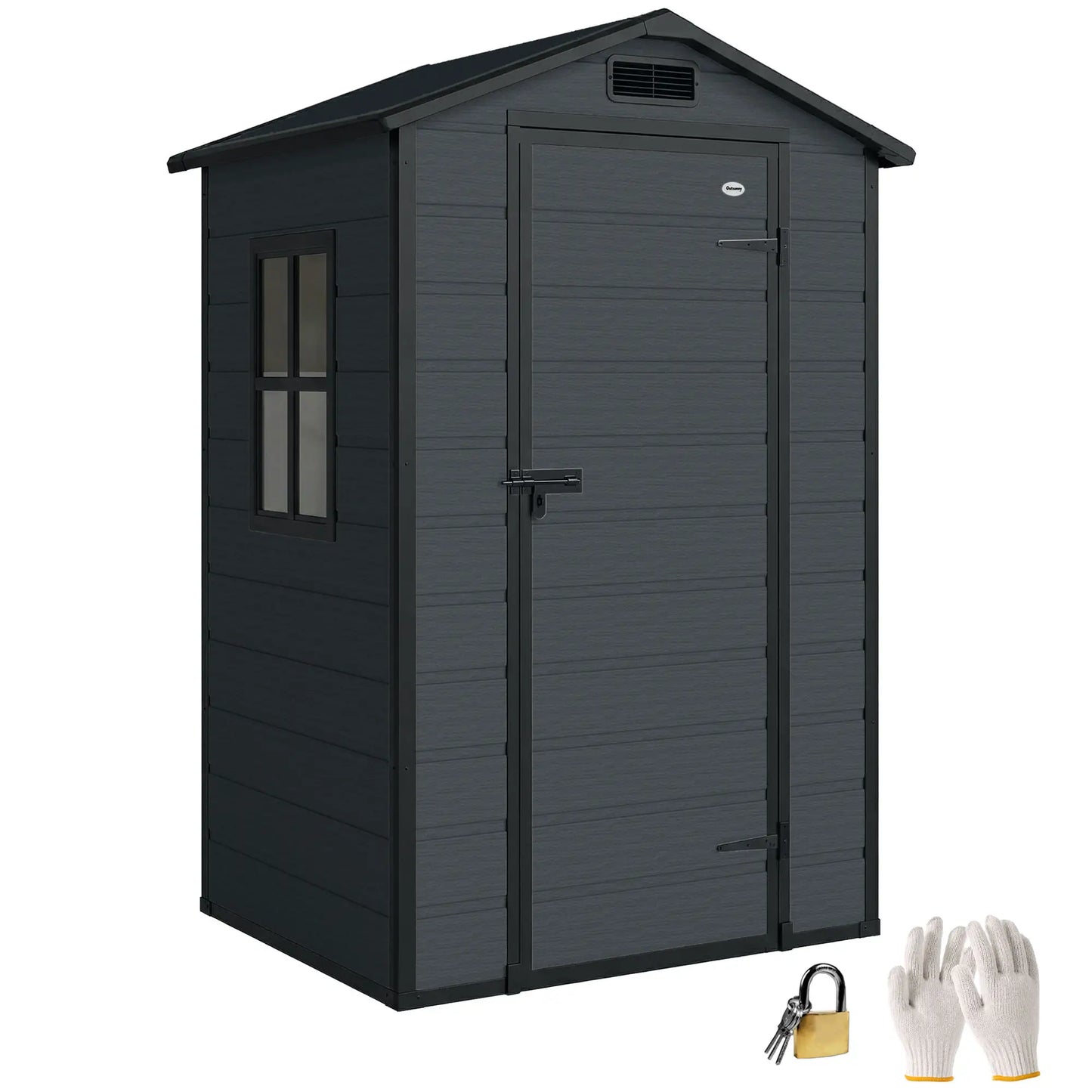 Outsunny 4 x 3ft Plastic Garden Shed with Floor, Lockable Door, Window & Vent – Dark Grey
