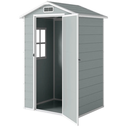 Outsunny 4 x 3ft Plastic Garden Shed with Floor, Lockable Door, Window & Vent – Light Grey