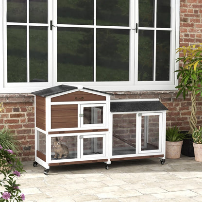 PawHut Wooden Two-Tier Rabbit Hutch with Run & Wheels – Brown