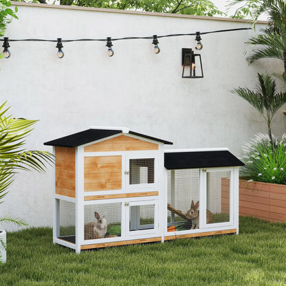 PawHut Two-Tier Wooden Rabbit Hutch with Run & Removable Trays – Yellow