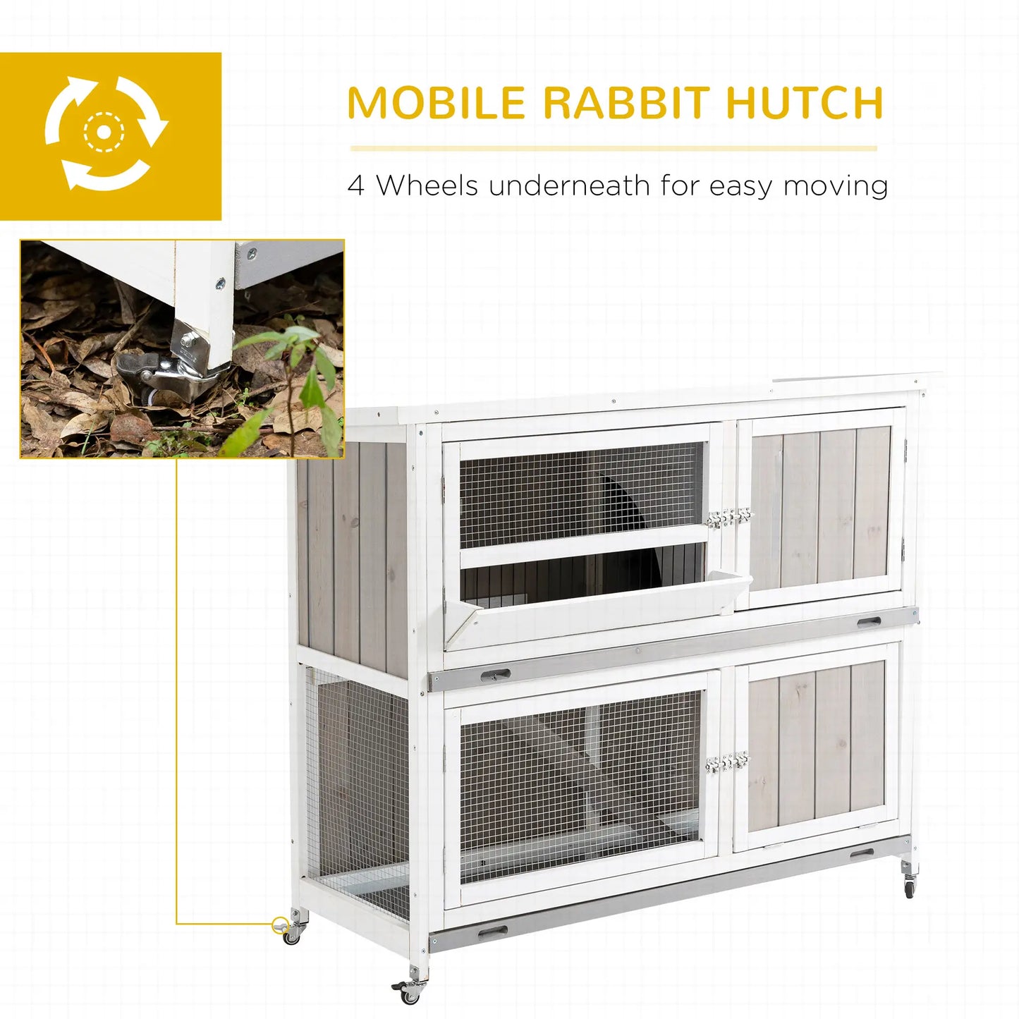 PawHut Two-Tier Wooden Rabbit Hutch with Rain Cover, Wheels & Feeding Trough – White