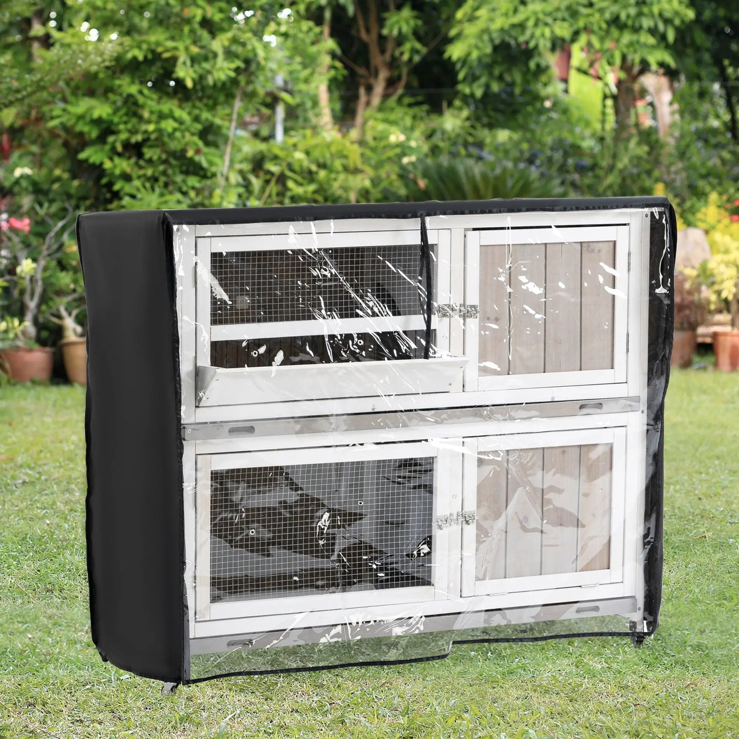 PawHut Two-Tier Wooden Rabbit Hutch with Rain Cover, Wheels & Feeding Trough – White