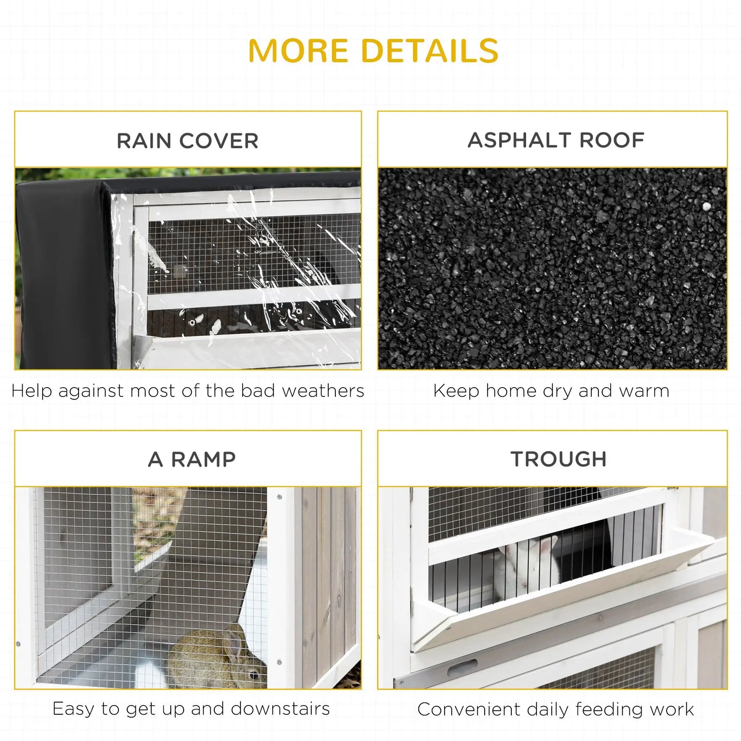 PawHut Two-Tier Wooden Rabbit Hutch with Rain Cover, Wheels & Feeding Trough – White