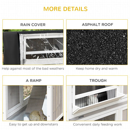PawHut Two-Tier Wooden Rabbit Hutch with Rain Cover, Wheels & Feeding Trough – White