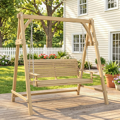 Outsunny 2 Seater Garden Swing Seat, Wooden Swing Chair Bench with Cup Holders for Outdoor Porch Patio, Natural