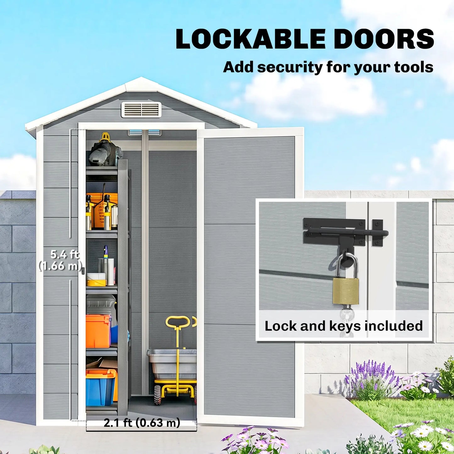 Outsunny 4 x 6ft Resin Garden Shed with Floor, Window, Lockable Door & Vents – Grey