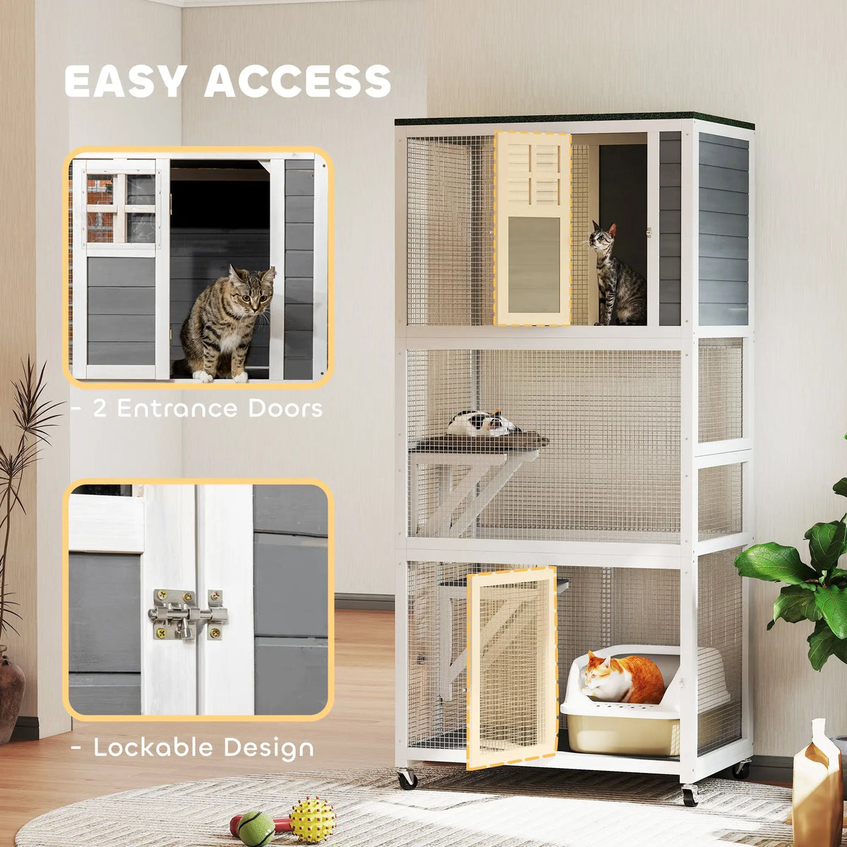 PawHut Wooden Catio Cat Outdoor Enclosure with Waterproof Roof - White