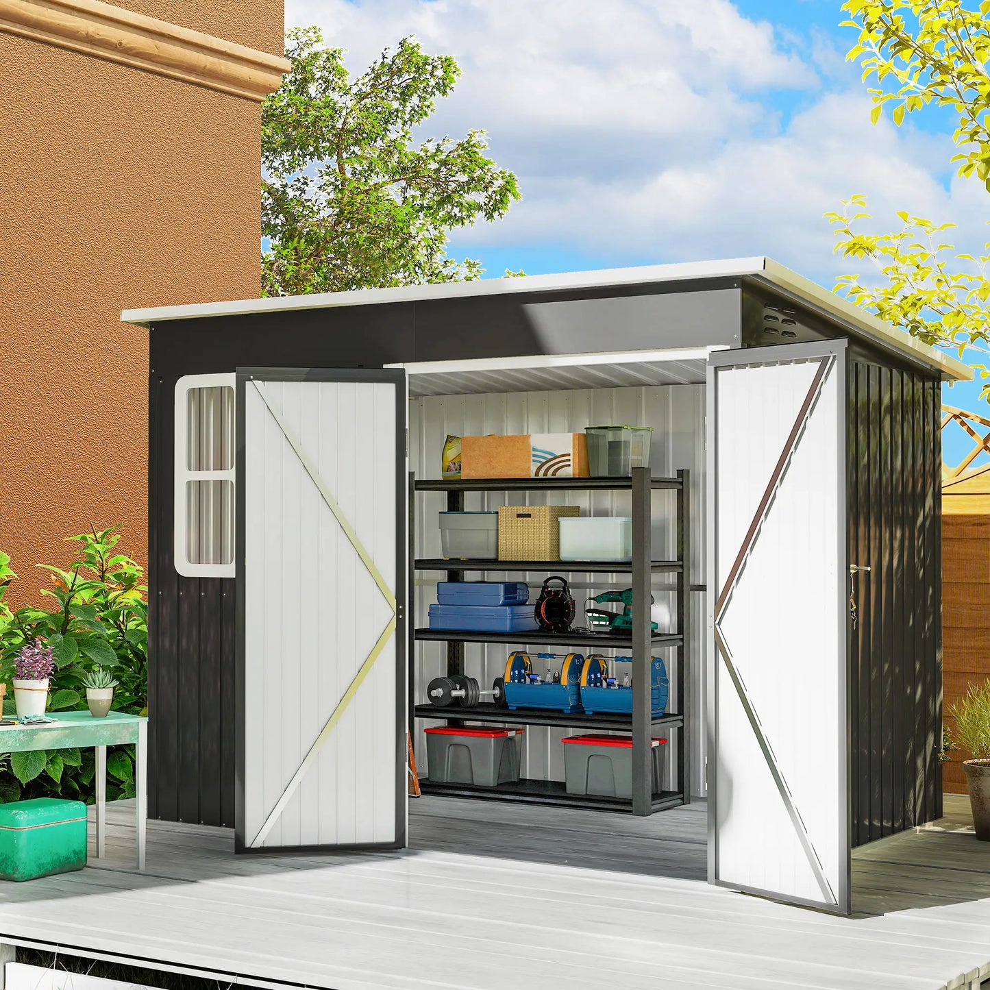 Outsunny 8.5 x 6ft Galvanised Steel Garden Storage Shed with Window & Lockable Doors, Dark Grey