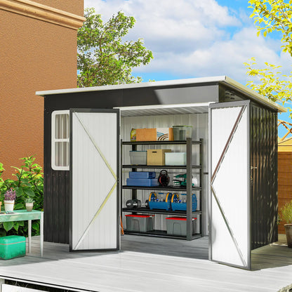 Outsunny 8.5 x 6ft Galvanised Steel Garden Storage Shed with Window & Lockable Doors, Dark Grey