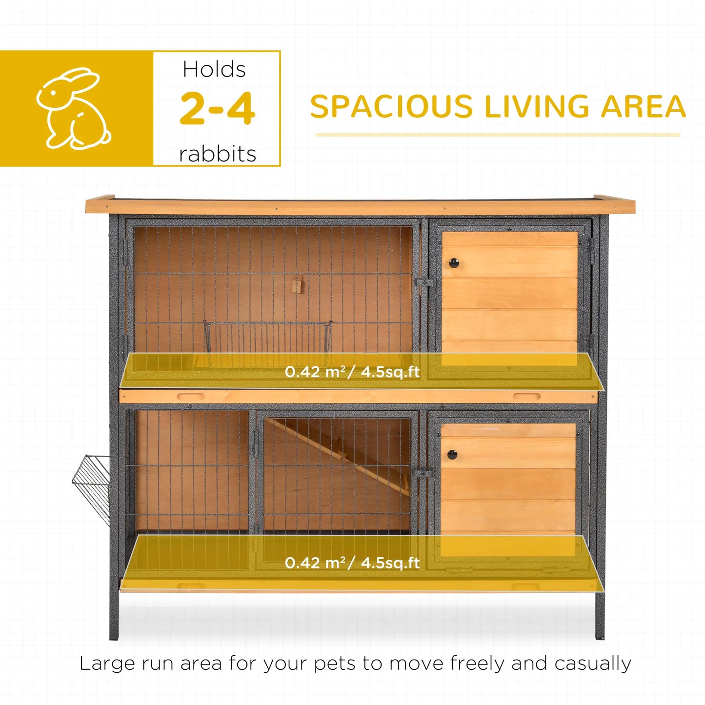 PawHut Outdoor Rabbit Hutch with Openable Roof, Feeding Troughs & No-Leak Tray – Light Yellow