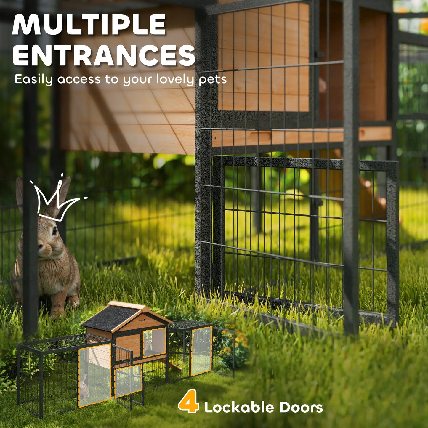PawHut Outdoor Wooden Rabbit Hutch with Steel Run, Ramp &amp; Removable Tray