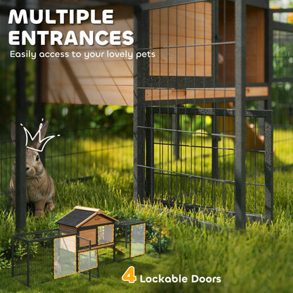PawHut Outdoor Wooden Rabbit Hutch with Steel Run, Ramp &amp; Removable Tray