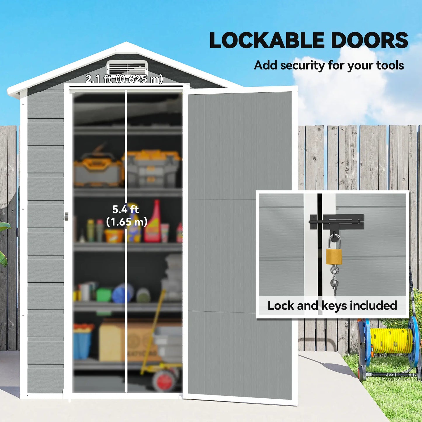 Outsunny 4 x 3ft Plastic Garden Shed with Floor, Lockable Door, Window & Vent – Light Grey