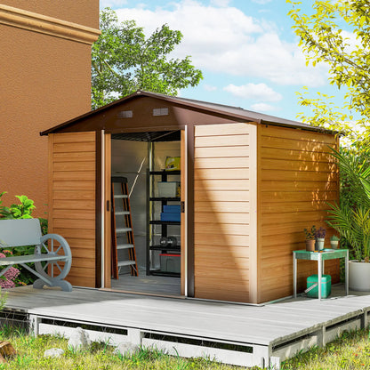 Outsunny 9 x 6ft Metal Garden Shed Brown Wood Effect with Sliding Doors & Vents, Brown Wood Effect