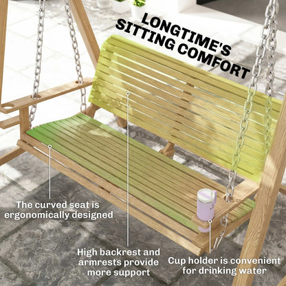 Outsunny 2 Seater Garden Swing Seat, Wooden Swing Chair Bench with Cup Holders for Outdoor Porch Patio, Natural