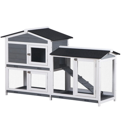 PawHut Wooden Two-Tier Rabbit Hutch with Ramp & Removable Trays – Grey
