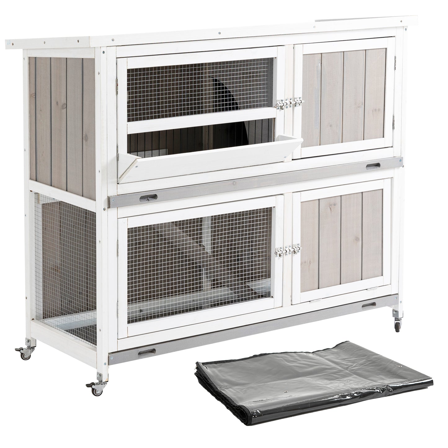 PawHut Two-Tier Wooden Rabbit Hutch with Rain Cover, Wheels & Feeding Trough – White