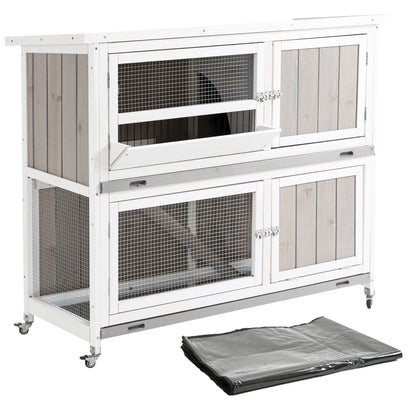 PawHut Two-Tier Wooden Rabbit Hutch with Rain Cover, Wheels & Feeding Trough – White