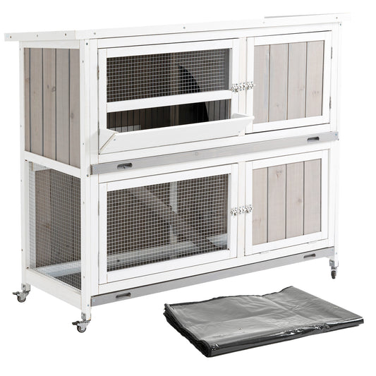 PawHut Two-Tier Wooden Rabbit Hutch with Rain Cover, Wheels & Feeding Trough – White