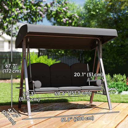 Outsunny 3 Seater Garden Swing Chair Outdoor Hammock Bench w/ Adjustable Canopy, Cushions and Cup Trays, Brown Steel Frame, Dark Grey Fabric