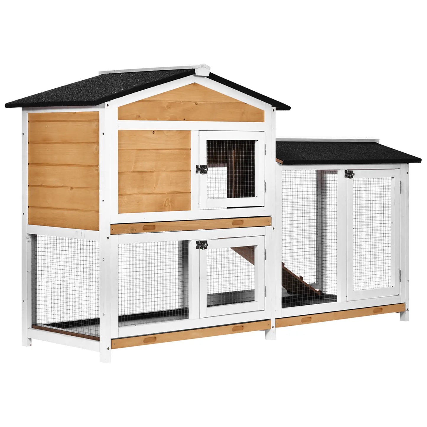 PawHut Two-Tier Wooden Rabbit Hutch with Run & Removable Trays – Yellow