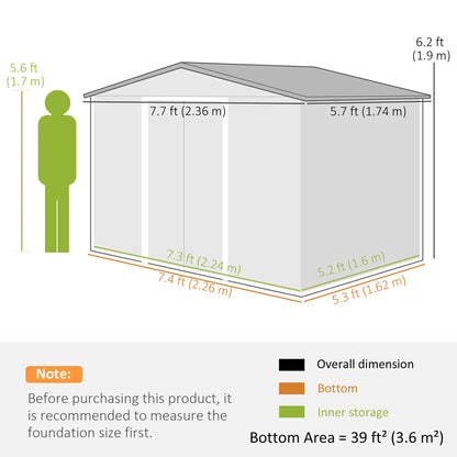Outsunny 7.7 x 5.7ft Metal Garden Shed, Galvanised Outdoor Tool Storage House with Ventilation Slots and Sliding Doors, Grey