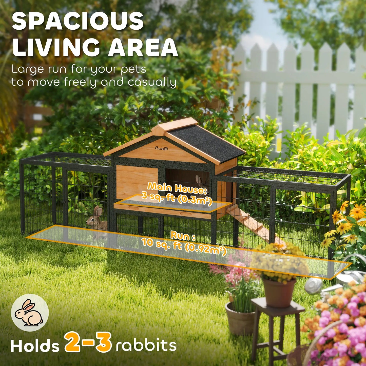 PawHut Outdoor Wooden Rabbit Hutch with Steel Run, Ramp &amp; Removable Tray