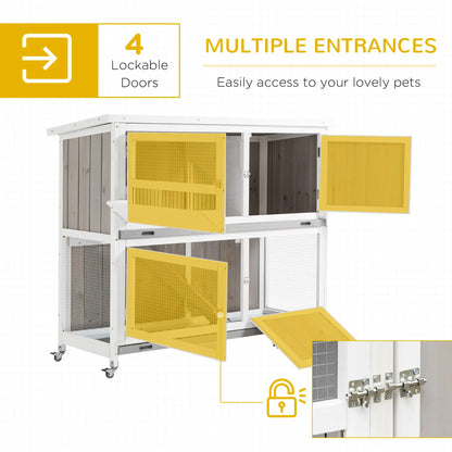 PawHut Two-Tier Wooden Rabbit Hutch with Rain Cover, Wheels & Feeding Trough – White