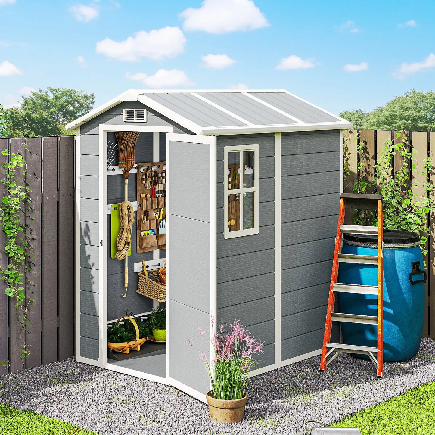 Outsunny 4 x 6ft Resin Garden Shed with Floor, Window, Lockable Door & Vents – Grey