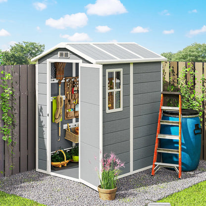 Outsunny 4 x 6ft Resin Garden Shed with Floor, Window, Lockable Door & Vents – Grey