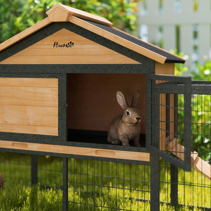 PawHut Outdoor Wooden Rabbit Hutch with Steel Run, Ramp &amp; Removable Tray