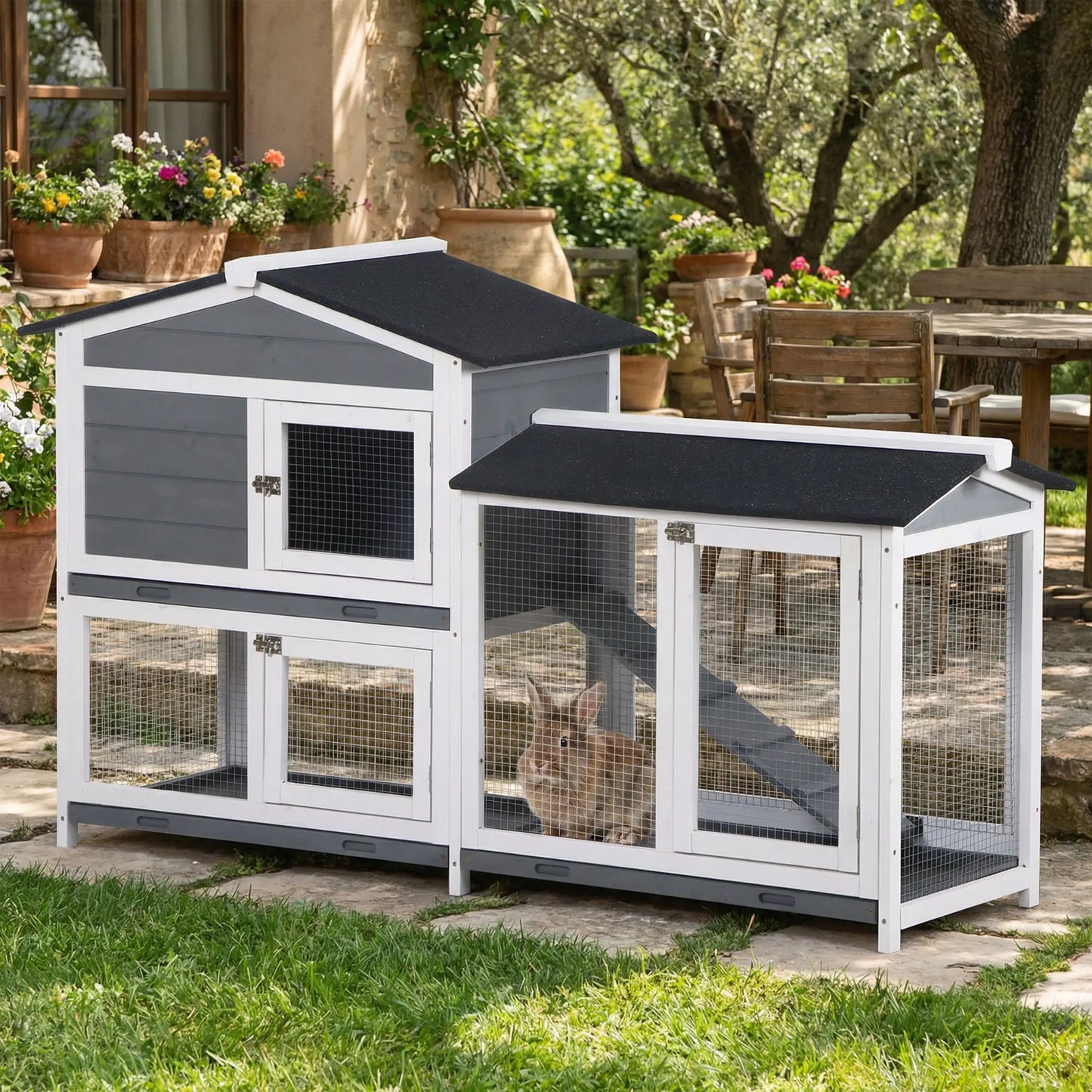 PawHut Wooden Two-Tier Rabbit Hutch with Ramp & Removable Trays – Grey