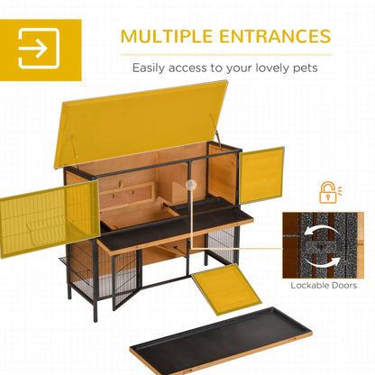 PawHut Outdoor Rabbit Hutch with Openable Roof, Feeding Troughs & No-Leak Tray – Light Yellow